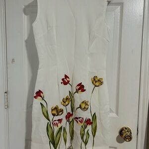 Chic Floral Midi Dress - White with Red and Yellow Tulips